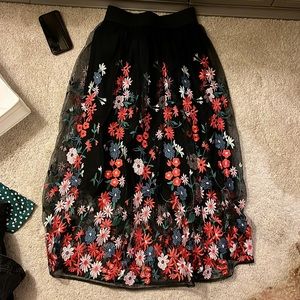 MAJE Jamie Floral-embroidered Tulle Midi Skirt In Black